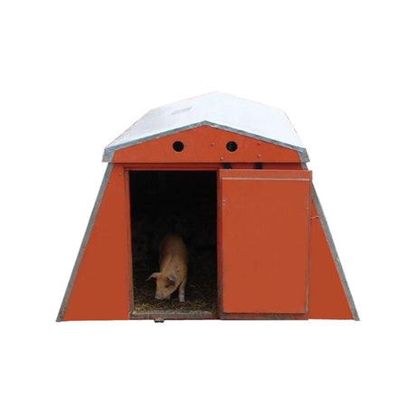 Smidley 6 by 8 farrowing house 70682, red plywood sides with sloping walls, insulated white roof and a full height door open with a sow inside