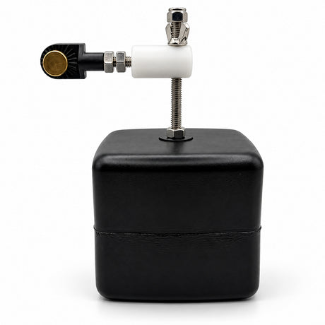 Miraco 765 float and arm assembly with the 764 stainless steel arm, 4 by 4 inch bob float, nylon ratchet and brass thumbscrew.