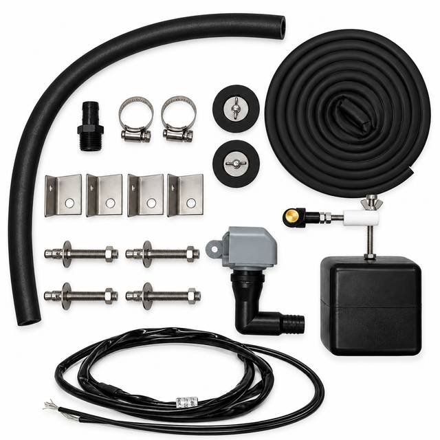 Miraco 3410-4E parts bag 842-5 laid out, valve assembly, float assembly, heat cable, bottom gasket, flex hose, anchor bolts, anchor clips and drain plugs with bolts