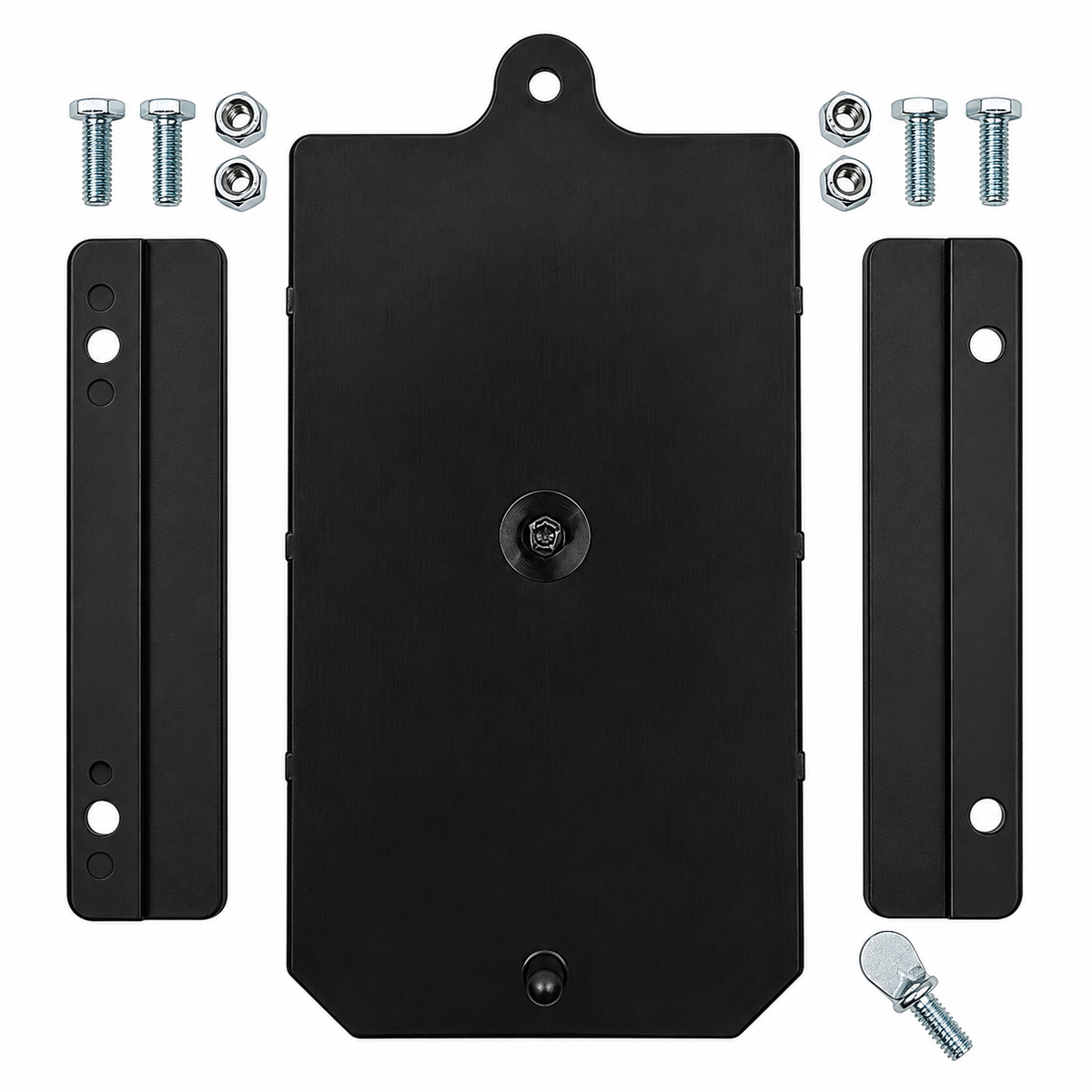 High Country Plastics 270 bin door, slides and hardware package, showing the black replacement door, two side slides, bolts, lock nuts and thumb screw