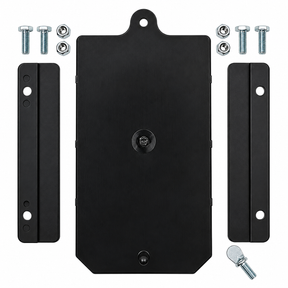 High Country Plastics 270 bin door, slides and hardware package, showing the black replacement door, two side slides, bolts, lock nuts and thumb screw
