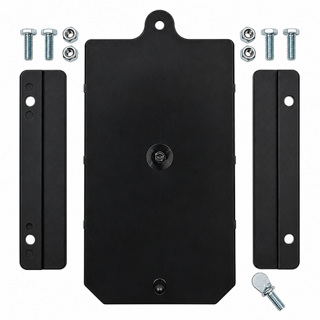 High Country Plastics 270 bin door, slides and hardware package, showing the black replacement door, two side slides, bolts, lock nuts and thumb screw