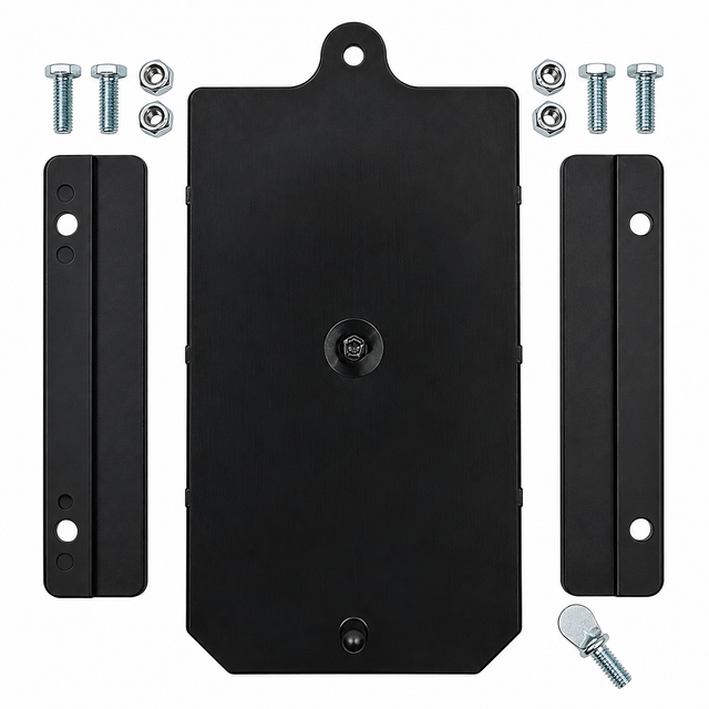 High Country Plastics 270 bin door, slides and hardware package, showing the black replacement door, two side slides, bolts, lock nuts and thumb screw