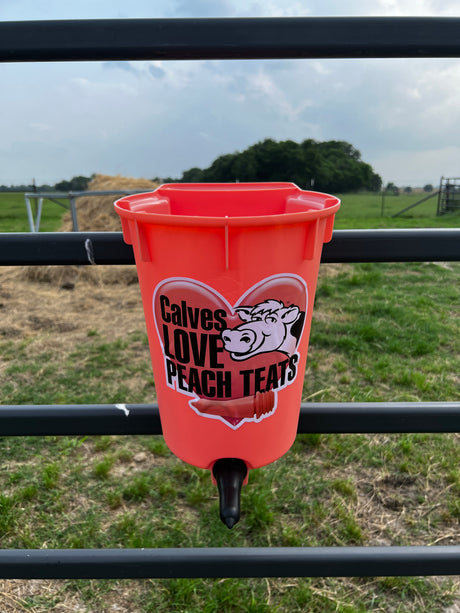 Peach Teat PT1 single calf feeder mounted over a fence rail, view 2