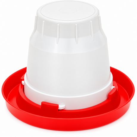 Brower 2GF two gallon white poly poultry fount on a red base