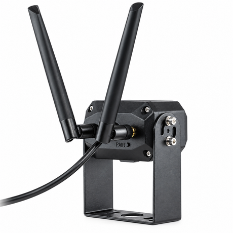 Visionworks VWIC714-HDWL wireless trailer camera with dual antennas, angled view