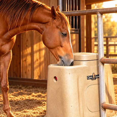 Horse drinking from a Classic Equine by Ritchie AutoFount 1 in a barn pen