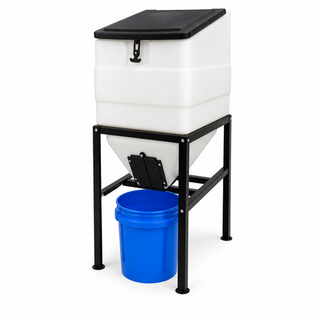 High Country Plastics BIN-270 feed bin on stand with a five gallon bucket under the slide gate