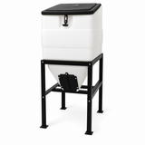 High Country Plastics BIN-270 270 pound feed bin with black steel stand and hinged lid