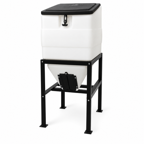 High Country Plastics BIN-270 270 pound feed bin with black steel stand and hinged lid