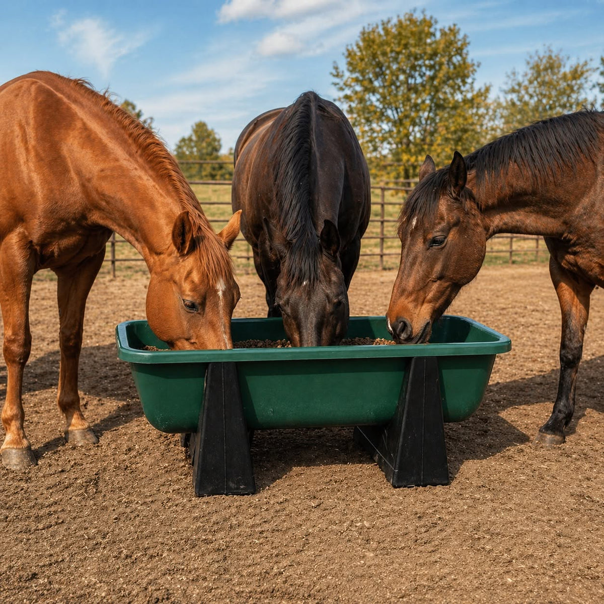 Three horses eating from a green High Country Plastics bunk feeder on a stand in a dry lot