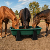 Three horses eating from a green High Country Plastics bunk feeder on a stand in a dry lot
