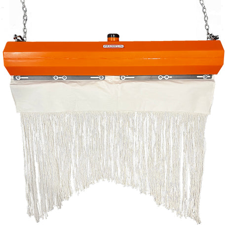 Franklin Walk Through Oiler #49010, orange octagon tank with heavy V shaped mop hanging below, cattle fly oiler
