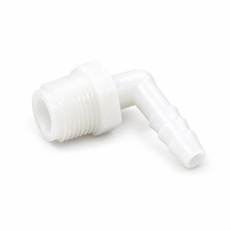 Smucker HE3814 three eighths inch MPT by quarter inch hose barb elbow for LandMark foam markers