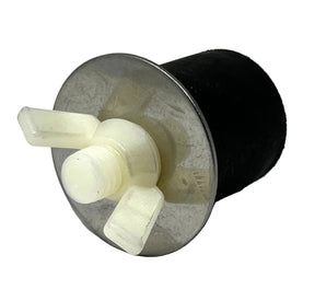 A black and silver Jug Waterer Drain Plug 10880 designed for use with automatic livestock waterers.