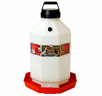 Little Giant PPF7 7 gallon plastic poultry waterer by Miller Manufacturing, semi opaque jug on a red octagon base, part 18235414