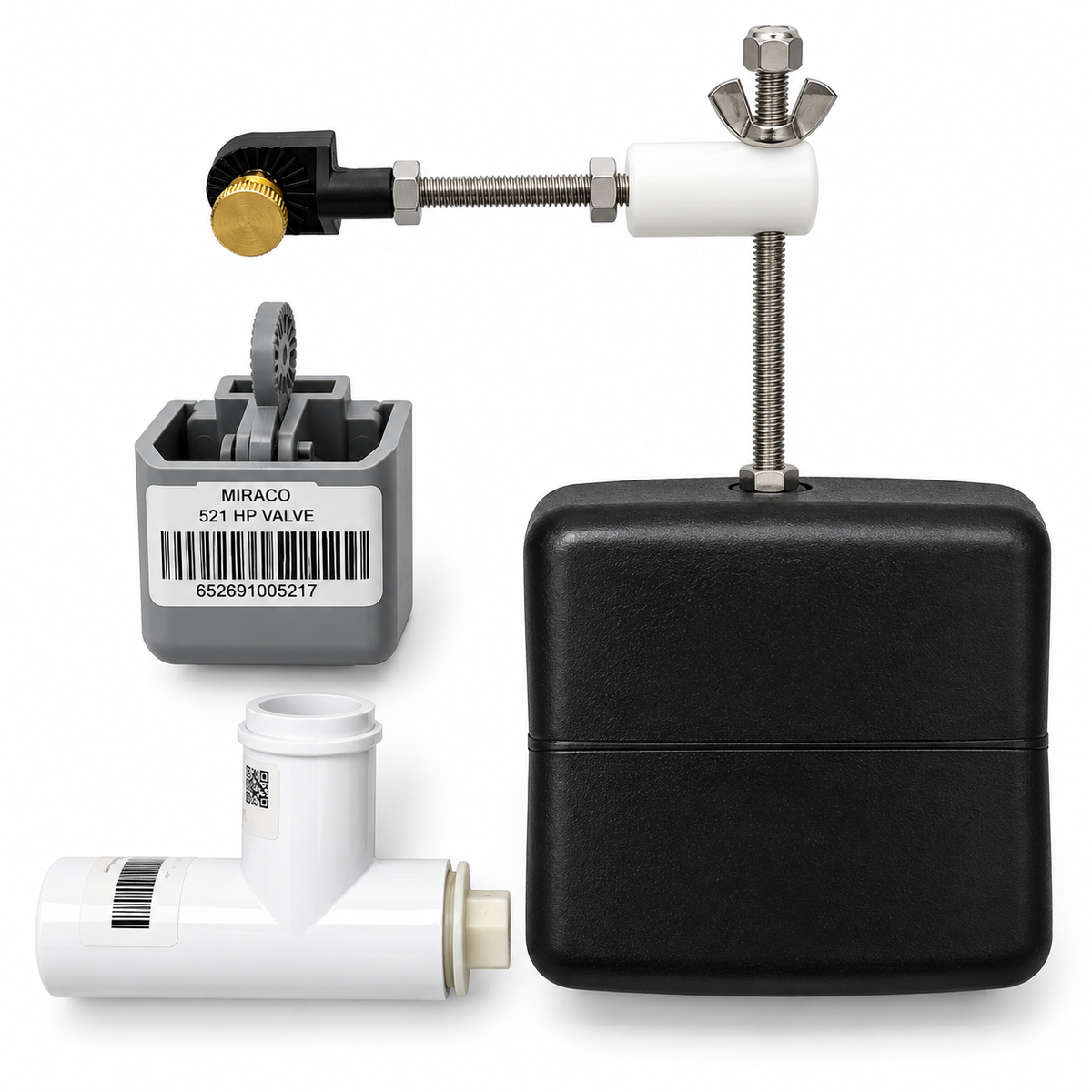 Miraco 3345 valve and float package for units before May 2016, the 521 grey valve, 458 float assembly and 673 special T