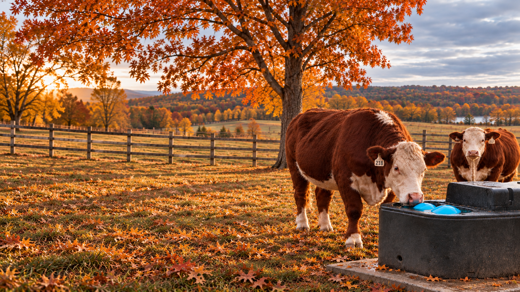Hereford cattle drinking from a Miraco automatic waterer in a fall pasture
