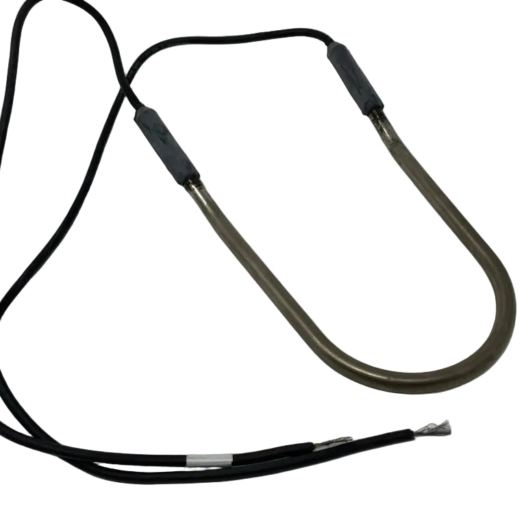 Metal heating element with black cable on a white background