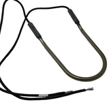 Metal heating element with black cable on a white background