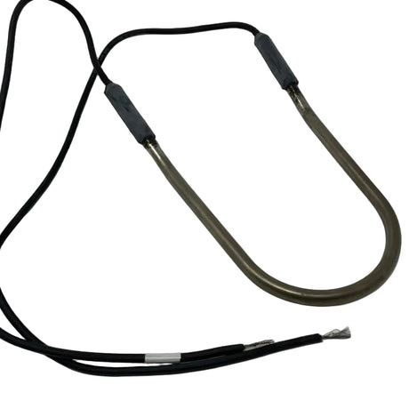 Metal heating element with black cable on a white background