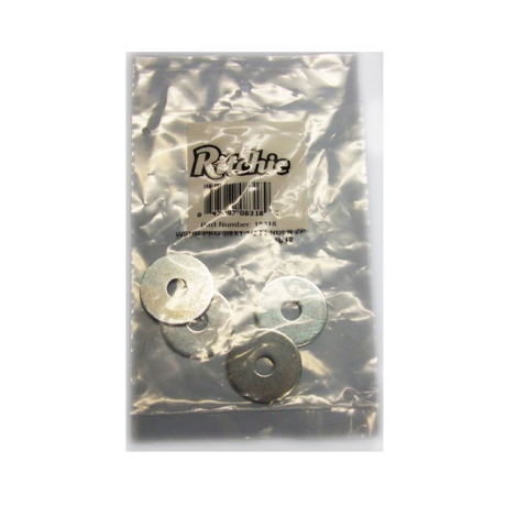 A clear plastic package containing several steel flat washers, with the brand name 'Ritchie' visible on the packaging.