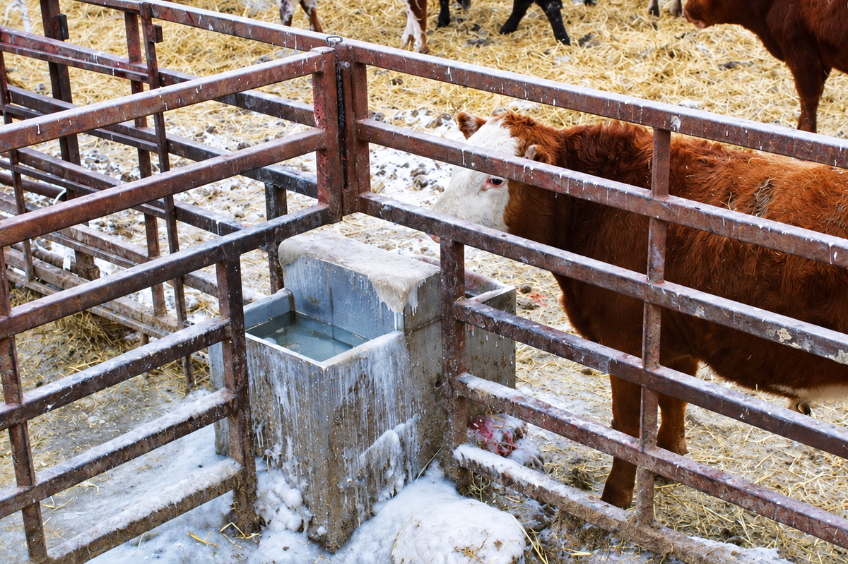 Smidley #5 cattle fountain holding open water in a snowy feedlot pen, beef cattle drinking through the gate