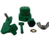 Green mechanical parts and a metal gear on a white background