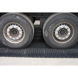 Loaded truck dual wheels parked on Hahn Paddock Slabs showing the load rating