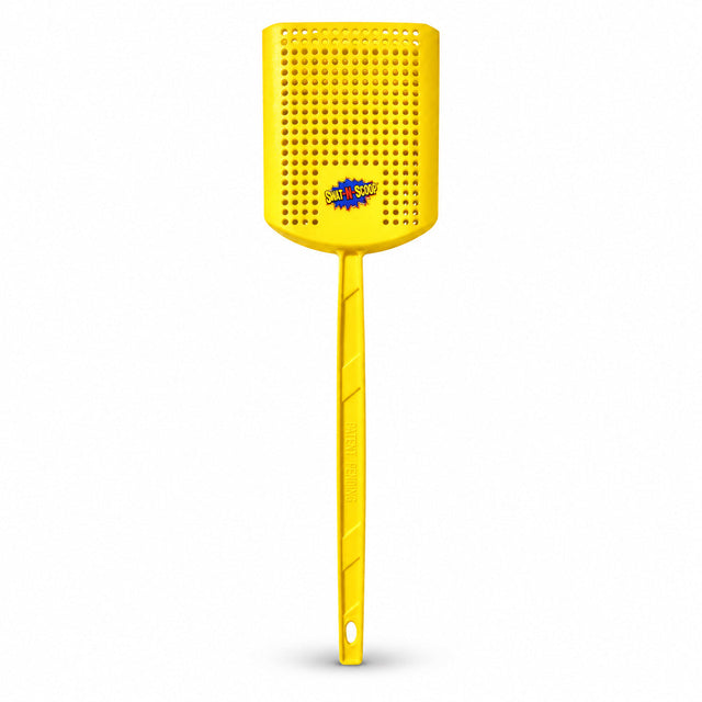 Swat-N-Scoop yellow fly swatter with built-in bug scoop