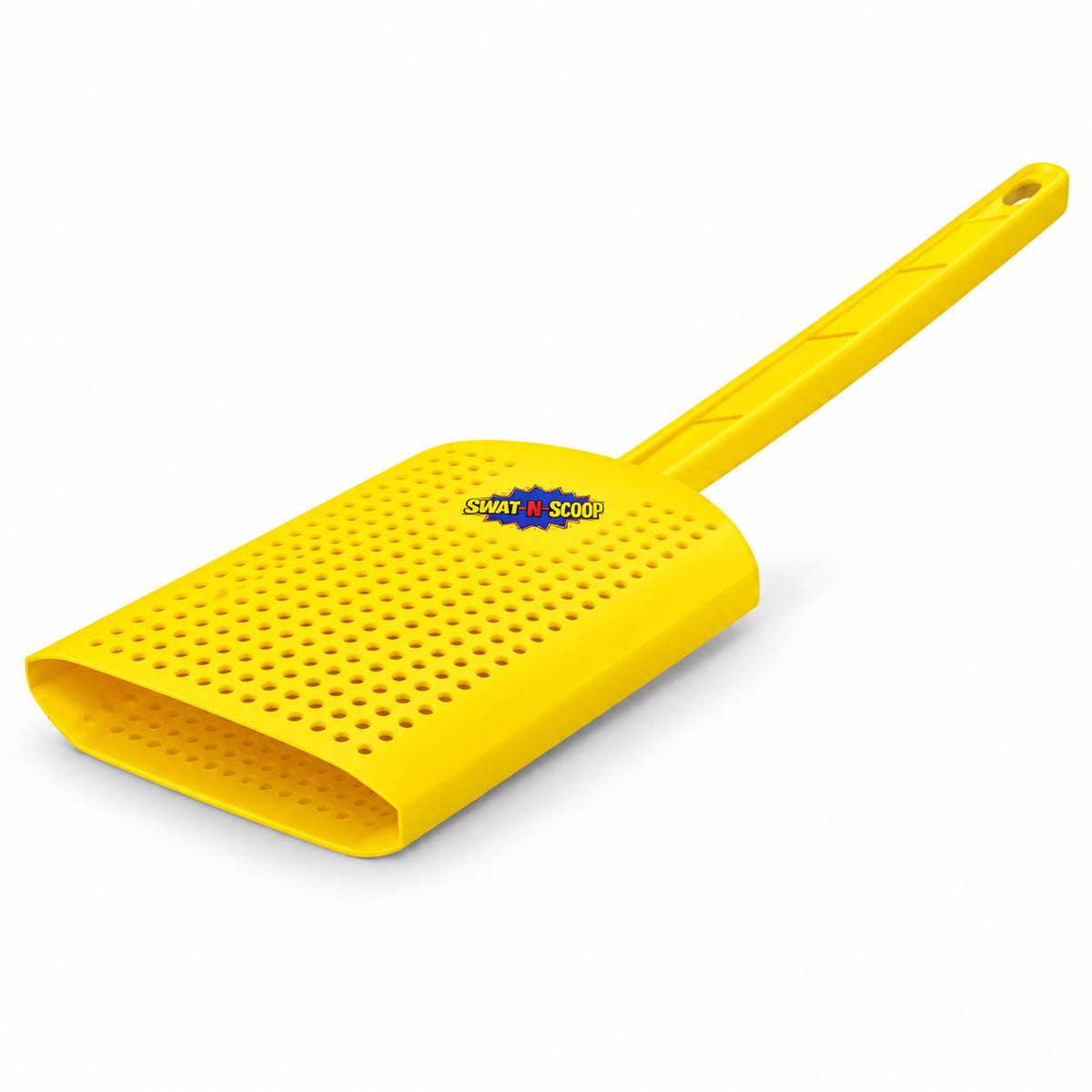 Swat-N-Scoop yellow fly swatter with built-in bug scoop