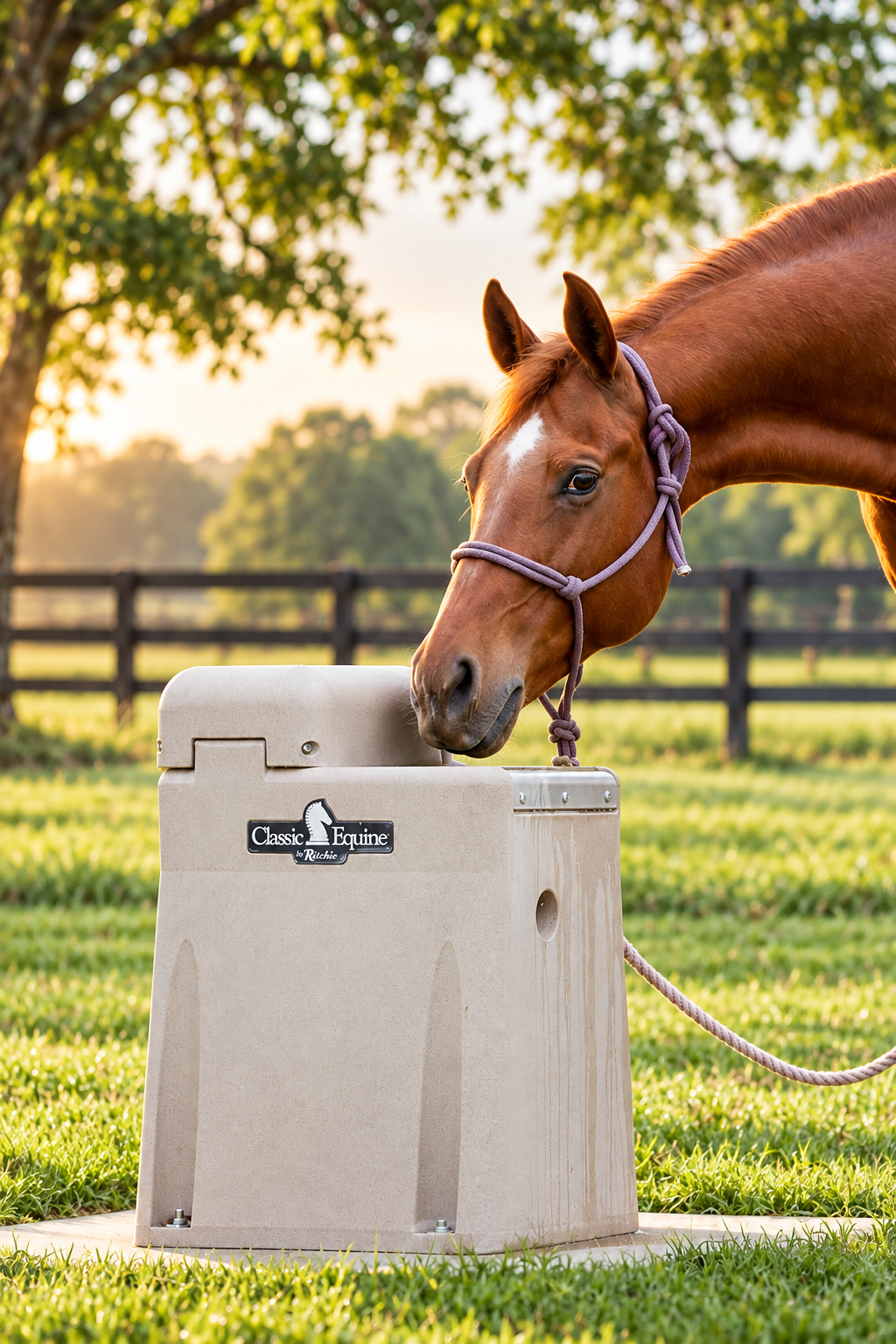 Horse drinking from a Classic Equine by Ritchie UltraFount 1 in a grass paddock