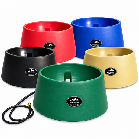 High Country Plastics WB-15 15 gallon auto water basin shown in black, blue, green, red and tan