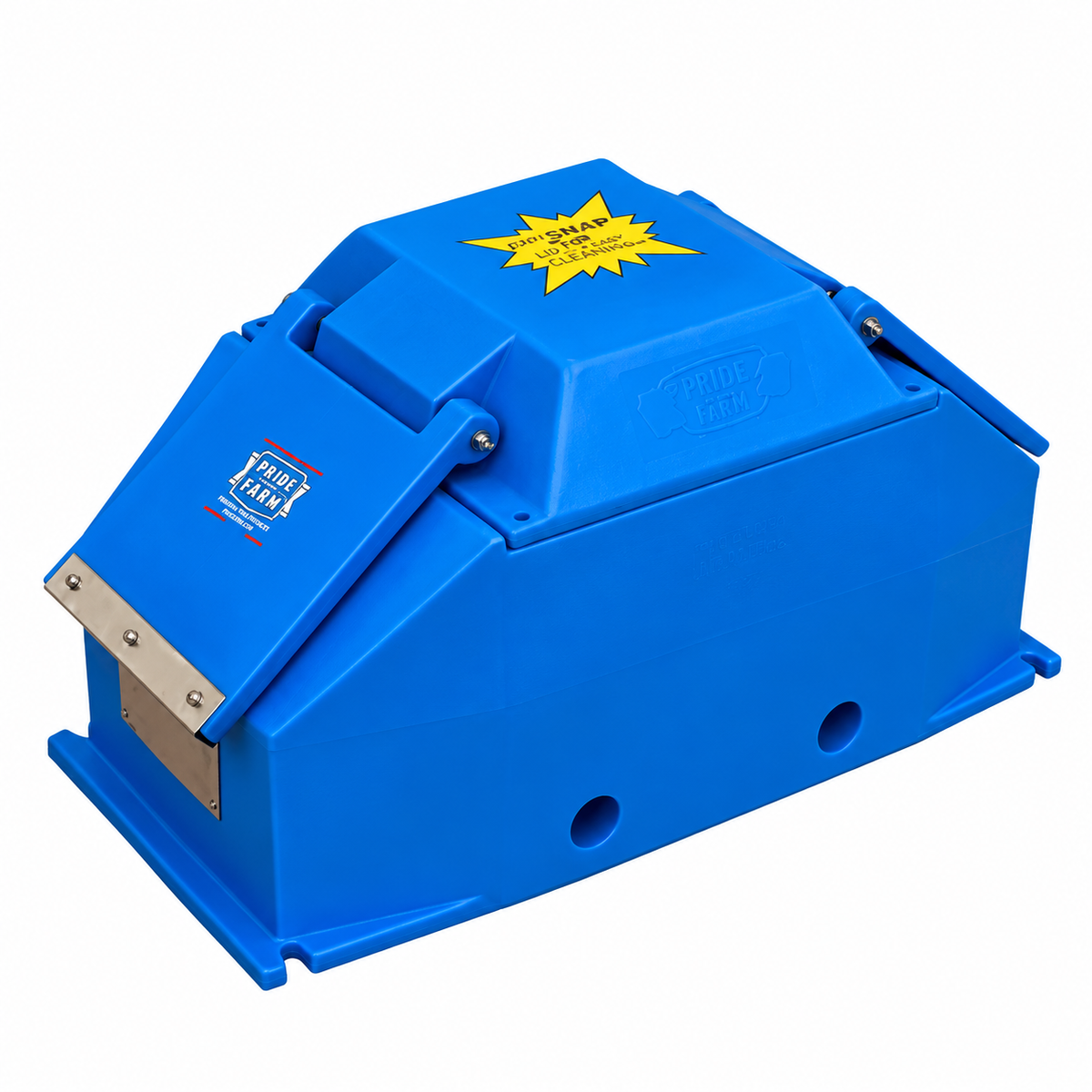 Pride of the Farm WPM10 Polar Max energy free hog waterer, blue insulated poly unit with a single drink opening and tan nose flap