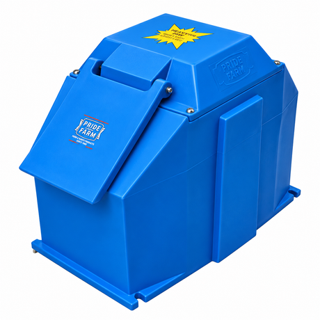 Pride of the Farm WPM20 Polar Max energy free waterer, blue insulated poly stock tank with a single hinged drink lid